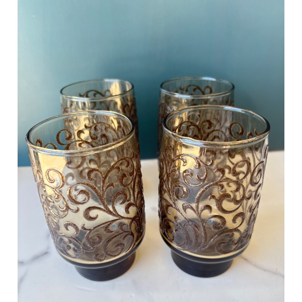 Vintage Smoky Brown Scroll Textured Glass Tumblers Set of 4 MCM 10oz Drinking